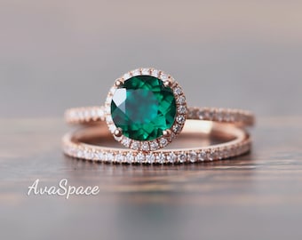 Emerald Engagement Ring Rose Gold, Emerald Wedding Ring Set 14K Diamond Ring, Wedding Band, Dainty Ring, Promise Ring,Rings For Women