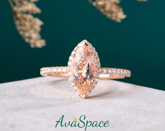 Marquise Morganite Engagement Ring 14K Rose Gold Halo Diamond Ring 1ct Peach Morganite Ring Rings For Women Vintage Style Promise Ring