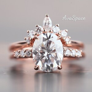 VVS Moissanite Ring Set Rose Gold 7x9mm Oval Cut Moissanite Engagement Ring Diamond Wedding Ring Set Unique Vintage Ring Bridal Ring Set