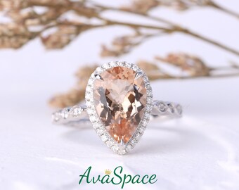 Peachy Morganite Engagement Ring Unique 14K White Gold Ring 2.5ct Pear Cut Morganite Ring Engaement Ring Diamond Wedding Rings For Women