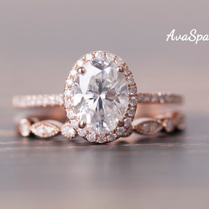 Oval Moissanite Engagement Ring Set, Stacking Ring, 10K/14K/18K Rose Gold, Unique Cluster Engagement Rings For Women, Art Deco Wedding Band