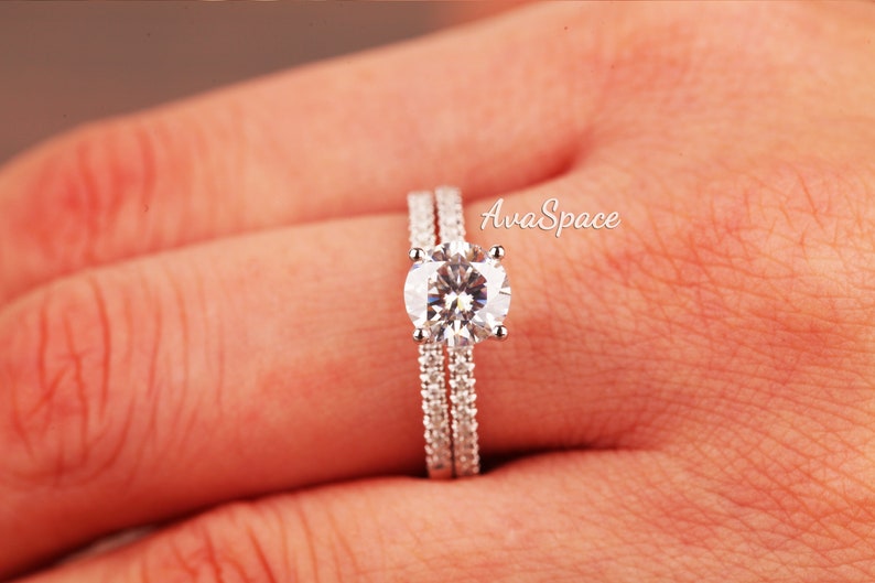 Moissanite Engagement Ring Set 14K White Gold 6.5mm Round Solitaire VVS Moissanite Ring Set Bridal Ring Set Diamond Wedding Ring Set image 9