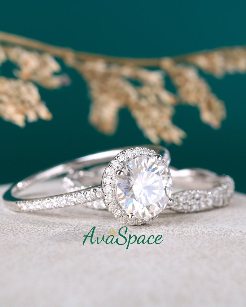 Moissanite Engagement Ring Set White Gold 7mm Moissanite Twist Bridal Ring Set Diamond Wedding Band Rings For Women Art Deco Promise Ring image 2