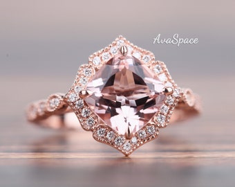 Pink Morganite Engagement Ring 14K Rose Gold Vintage 8mm Cushion Cut VS Morganite Ring Wedding Diamond Promise Ring Art Deco Rings For Women