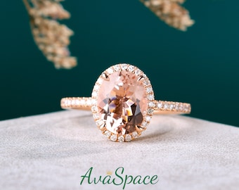 Oval Peach Morganite Engagement Ring 14K Rose Gold Unique 1.6ct Morganite Diamond Wedding Ring Halo Diamond Wedding Band Rings For Women