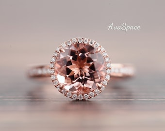 Morganite Engagement Ring Rose Gold, 9mm Peachy Pink Morganite Ring, 14K Gold Halo Diamond Wedding Band, Rings For Women, Promise Ring