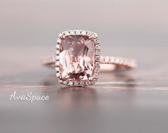 Morganite Engagement Ring Unique 14K Rose Gold Cushion Shape 7x9mm Peachy Pink Morganite Full Eternity Halo Diamond Wedding Ring