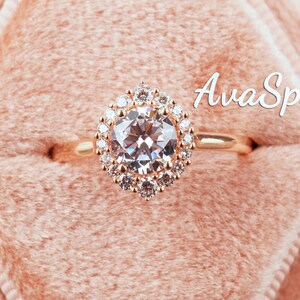 Moissanite Engagement Ring 14K Rose Gold 6.5mm Rounnd Halo Moissanite Ring Vintage Ring Diamond Wedding Ring Moissanite Promise Ring