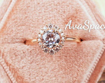 Moissanite Engagement Ring 14K Rose Gold 6.5mm Rounnd Halo Moissanite Ring Vintage Ring Diamond Wedding Ring Moissanite Promise Ring