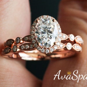 VVS Moissanite Engagement Ring Set 2pcs Art Deco Ring 14K Rose Gold Ring, 6x8mm Moissanite Engagement Ring Oval Engagement Ring Wedding Band