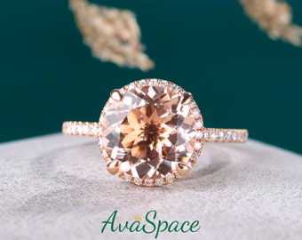 Morganite Engagement Ring Rose Gold 14K 9mm Round Cut Morganite Ring Halo Diamond Wedding Band Rings For Women Promise Ring Unique Ring