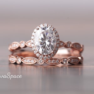 VVS Moissanite Engagement Ring Set 2pcs Art Deco Ring 14K Rose Gold Ring, 6x8mm Moissanite Engagement Ring Oval Engagement Ring Wedding Band