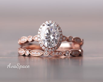 VVS Moissanite Engagement Ring Set 2pcs Art Deco Ring 14K Rose Gold Ring, 6x8mm Moissanite Engagement Ring Oval Engagement Ring Wedding Band