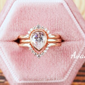 VVS Moissanite Engagement Ring Set 3 Pcs 14K Rose Gold, Vintage Ring, Curved Wedding Band, Diamond Wedding Ring Set, Rings For Women,