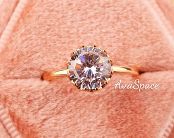Vintage Moissanite Engagement Ring Rose Gold 8mm Round Solitaire Moissanite Ring Wedding Ring, Rings For Women Promise Ring
