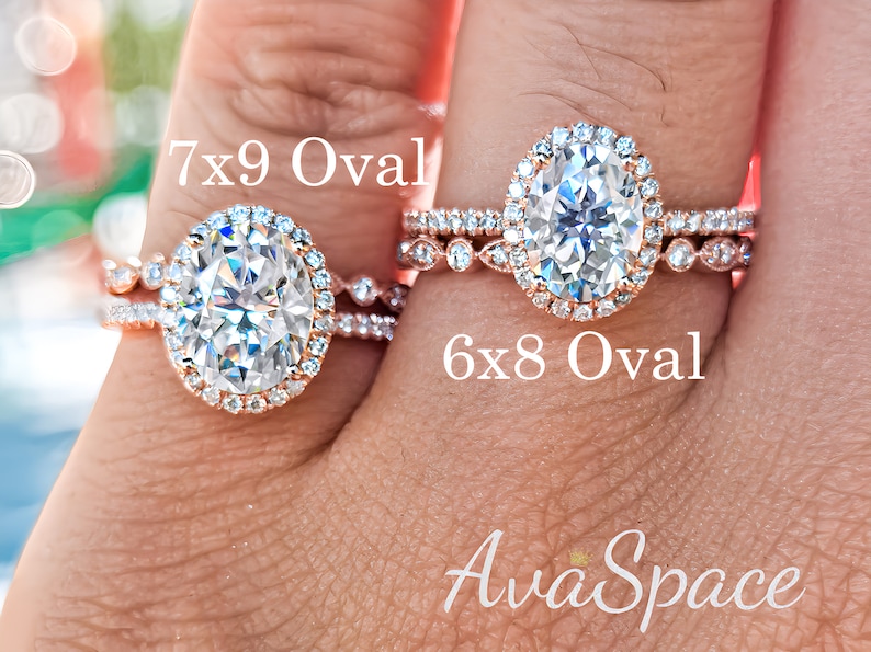 Oval Moissanite Engagement Ring Set, Stacking Ring, 10K/14K/18K Rose Gold, Unique Cluster Engagement Rings For Women, Art Deco Wedding Band image 9