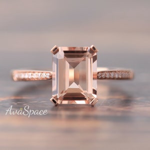 Morganite Engagement Ring 14K Rose Gold Ring Unique 7x9mm Emerald Cut Peachy Morganite Ring Halo Diamond Wedding Band Heart Ring Setting