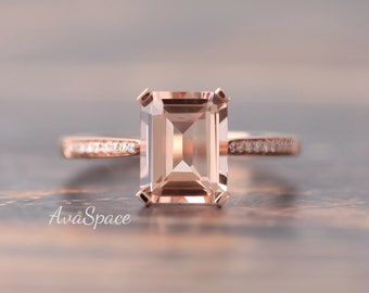 Morganite Engagement Ring 14K Rose Gold Ring Unique 7x9mm Emerald Cut Peachy Morganite Ring Halo Diamond Wedding Band Heart Ring Setting