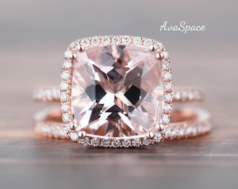 Morganite Engagement Ring Set 10mm Cushion Shape Morganite Unique Diamond Wedding Ring Set Promise Bridal Ring Set Promise Rings For Women