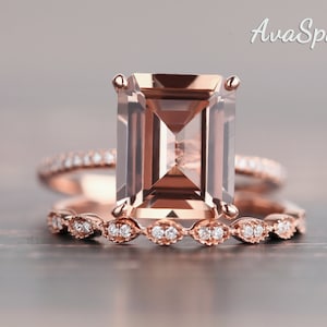 Morganite Ring Set Morganite Engagement Ring Rose Gold 14K Gold Promise Ring Diamond Wedding Ring Rings For Women Unique Bridal Ring Set