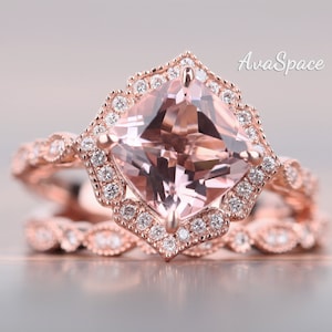 Rosa Morganita compromiso anillo conjunto rosa oro vintage cojín corte 8 mm rosa Morganit anillo Art Deco anillos para las mujeres único aniversario regalo