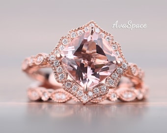 Pink Morganite Engagement Ring Set Rose Gold Vintage Cushion Cut 8mm Pink Morganit Ring Art Deco Rings For Women Unique Annversary Gift