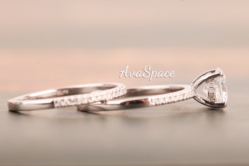 Moissanite Engagement Ring Set 14K White Gold 6.5mm Round Solitaire VVS Moissanite Ring Set Bridal Ring Set Diamond Wedding Ring Set image 3