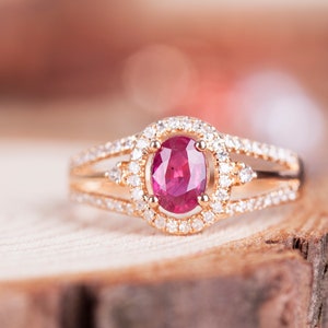 Ruby Engagement Ring Rose Gold, Natural Ruby Ring, Oval Engagement Ring, 14K Wedding Ring, Diamond Band, Anniversary gift, Rings For Women