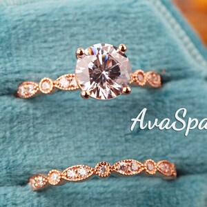 Moissanite Engagement Ring Set 14K Rose Gold 8mm Round Moissanite Art Deco Ring Set Bridal Ring Set Diamond Wedding Ring Set Rings For Women