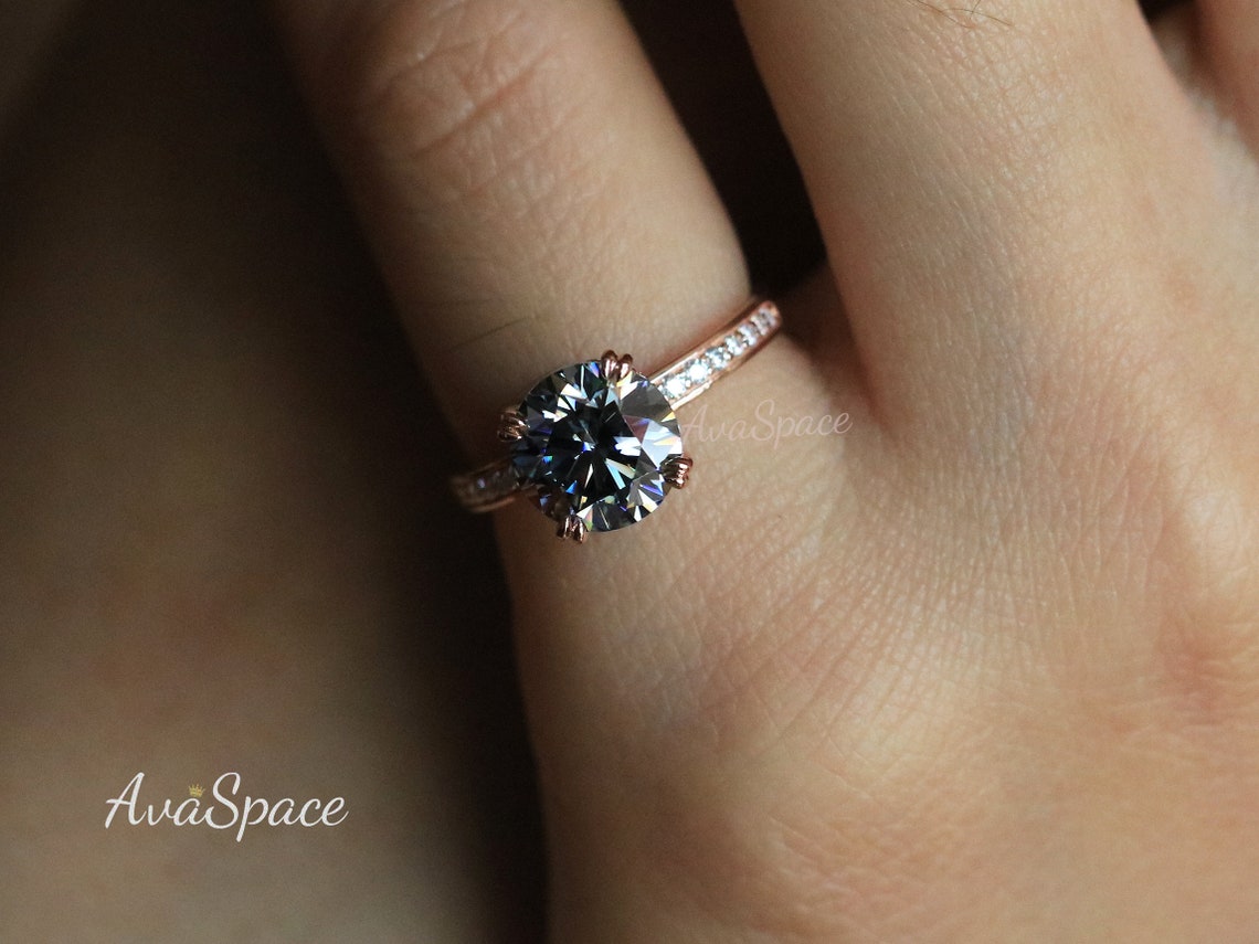 Grey Blue Moissanite Engagement Ring 8mm Round Moissanite Ring Etsy