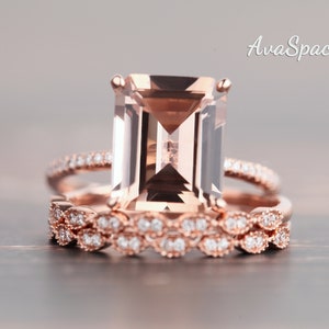 Morganite Engagement Ring Set 14K Rose Gold Ring 9x11mm Emerald Cut Morganite Ring 3pcs Diamond Wedding Ring Art Deco Ring Unique Ring