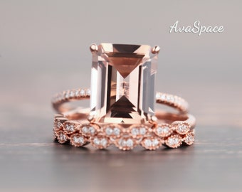 Morganite Engagement Ring Set 14K Rose Gold Ring 9x11mm Emerald Cut Morganite Ring 3pcs Diamond Wedding Ring Art Deco Ring Unique Ring