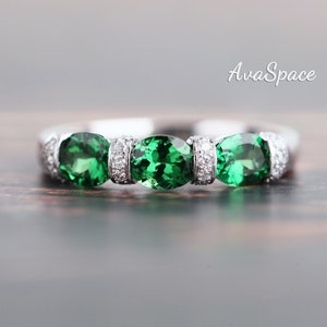 Tsavorite Garnet Oval Engagement Ring 14K White Gold Three Stone Gemstones Ring Green Garnet Diamond Ring Diamond Wedding Band Unique Ring