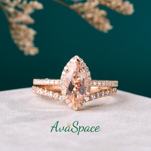 Marquise Morganite Engagement Ring Set 14K Rose Gold Halo Diamond Ring Peach Morganite Ring Set Rings For Women Bridal Set Promise Ring