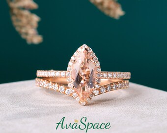 Marquise Morganite Engagement Ring Set 14K Rose Gold Halo Diamond Ring Peach Morganite Ring Set Rings For Women Bridal Set Promise Ring