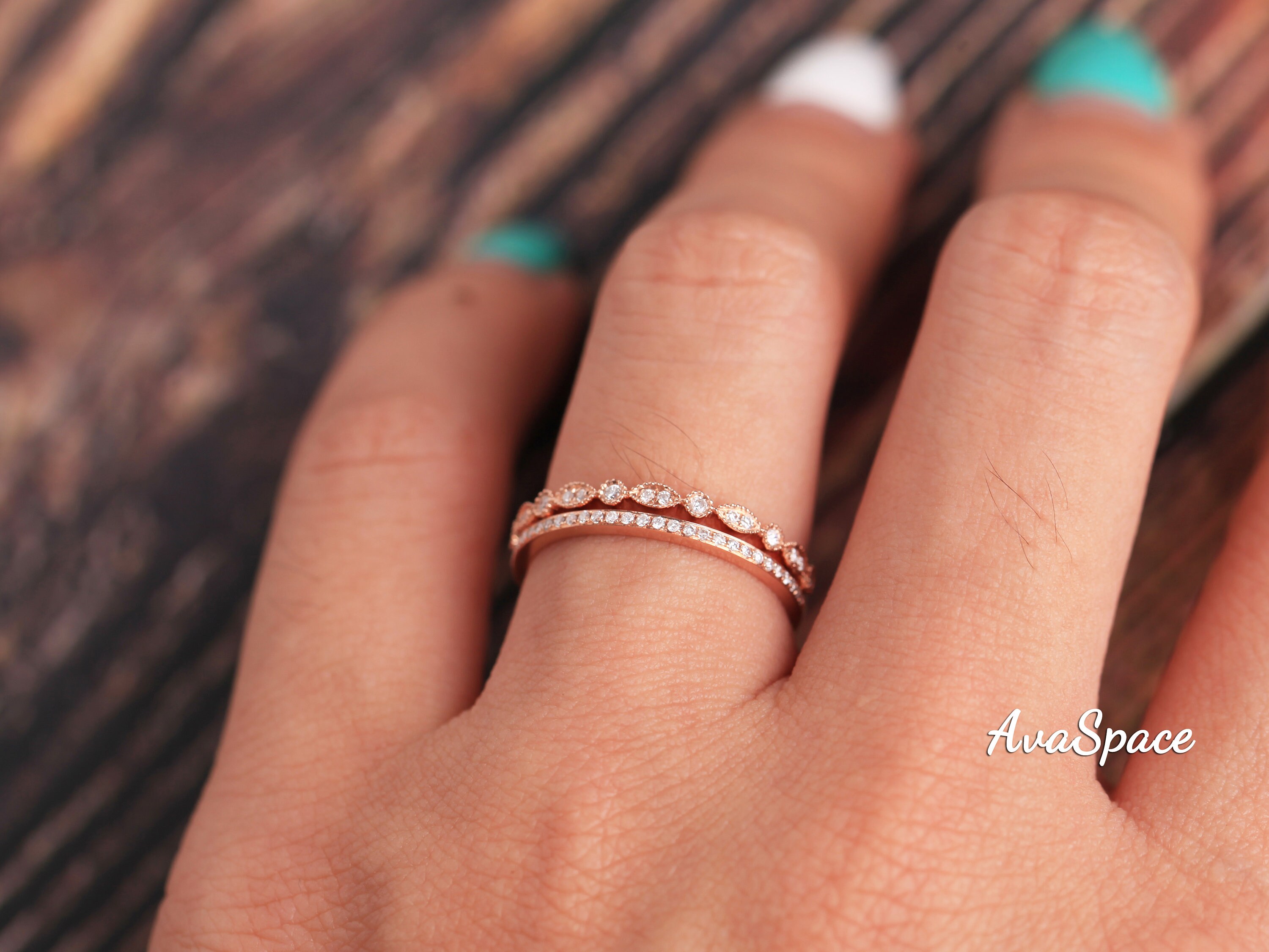 Art Deco Wedding Ring Set 2pcs Diamond 14K Rose Gold Ring | Etsy