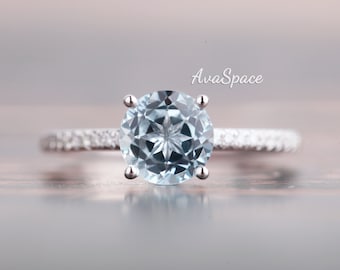 Aquamarine Engagement Ring 14K White Gold 6.5mm Solitaire Aquamarine Ring Wedding Band Rings For Women Half Eternity Style Promise Ring