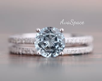 Aquamarine Engagement Ring Set 6.5mm Round Aquamarine Ring 14K White Gold Wedding Ring Set Diamond Band Bridal Ring Set Promise Ring
