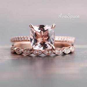 Morganite Engagement Ring Set Rose Gold Vintage 7mm Cushion Cut Peachy Pink Morganite Ring Halo Diamond Wedding Band Rings For Women