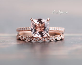 Morganite Engagement Ring Set Rose Gold Vintage 7mm Cushion Cut Peachy Pink Morganite Ring Halo Diamond Wedding Band Rings For Women