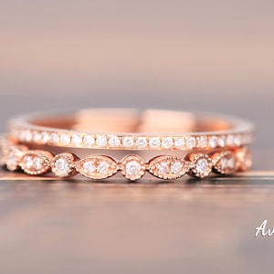 Art Deco Wedding Ring Set, 2pcs Diamond 14K Rose Gold Ring Set, Vintage Look Wedding Band, Bridal Ring Set, Rings For Women