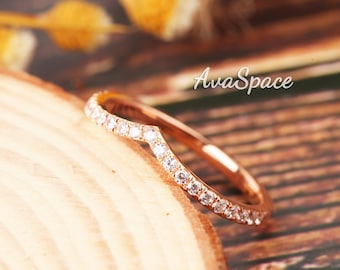 Curved Diamond Wedding Ring 14K Rose Gold Ring Wedding Band Rings For Women Dainty Bridal Ring Stacking Ring Unique Ring Promise Ring