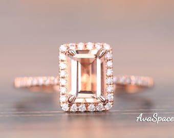 Natural Morganite Engagement Ring Rose Gold 14K Emerald Cut Morganite Ring, Diamond Wedding Rings For Women, Promise Ring for her forever