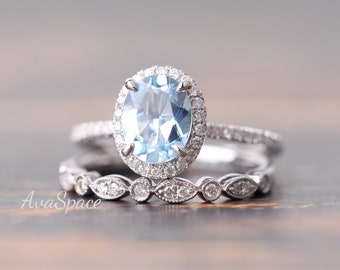 Oval AAA Aquamarine Engagement Ring 14K White Gold Ring Set,Art Deco Aquamarine Diamond Wedding Band Ring For Women Unique Bridal Ring Set