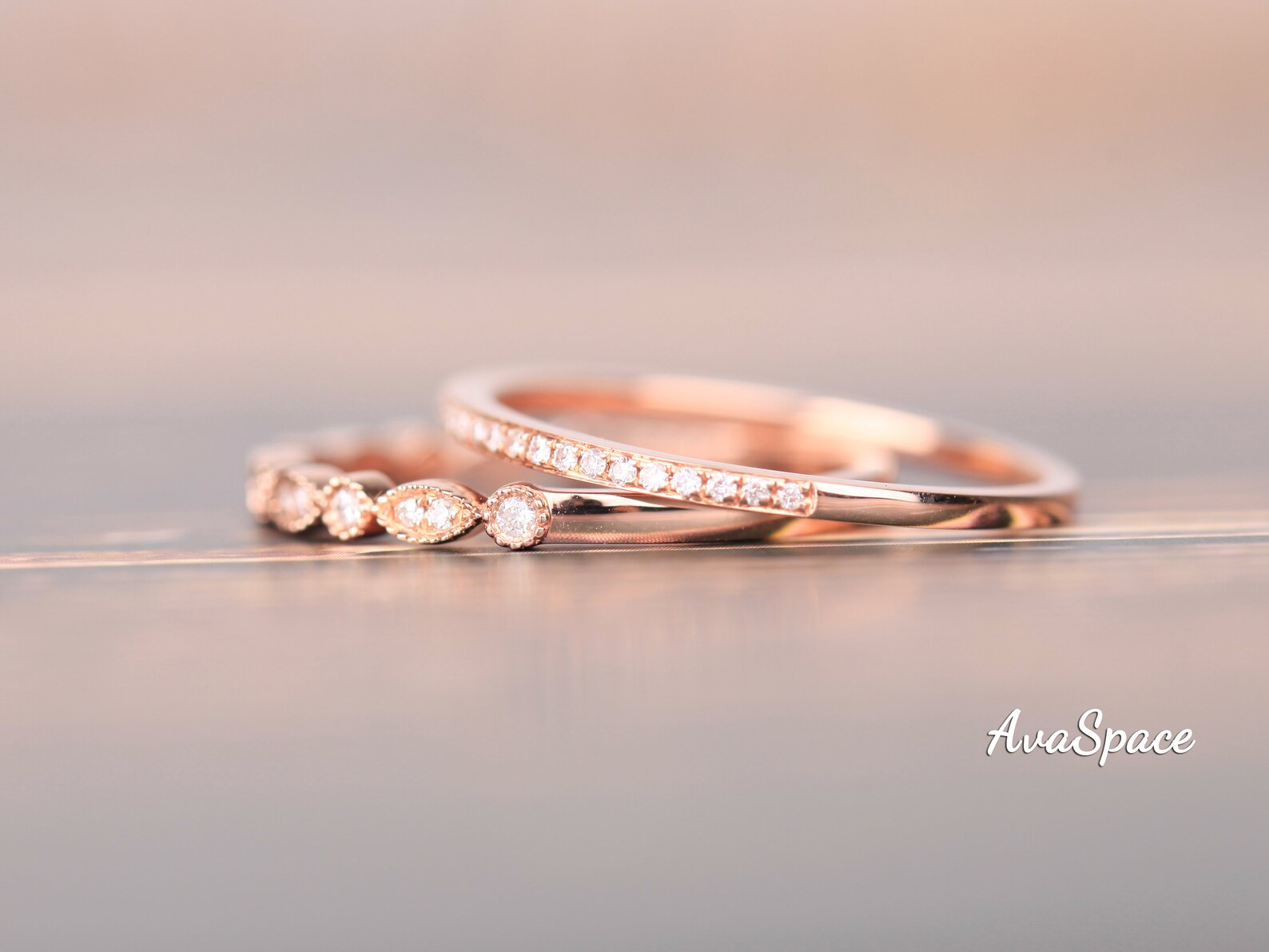 Art Deco Wedding Ring Set 2pcs Diamond 14K Rose Gold Ring | Etsy