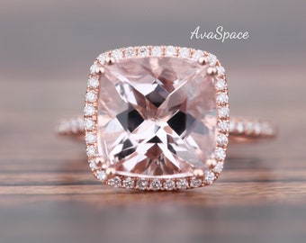 Morganite Engagement Ring Vintage 14K Rose Gold Halo Diamond Wedding Ring Style Unique Cushion Shape 10mm Morganite Rings For Women