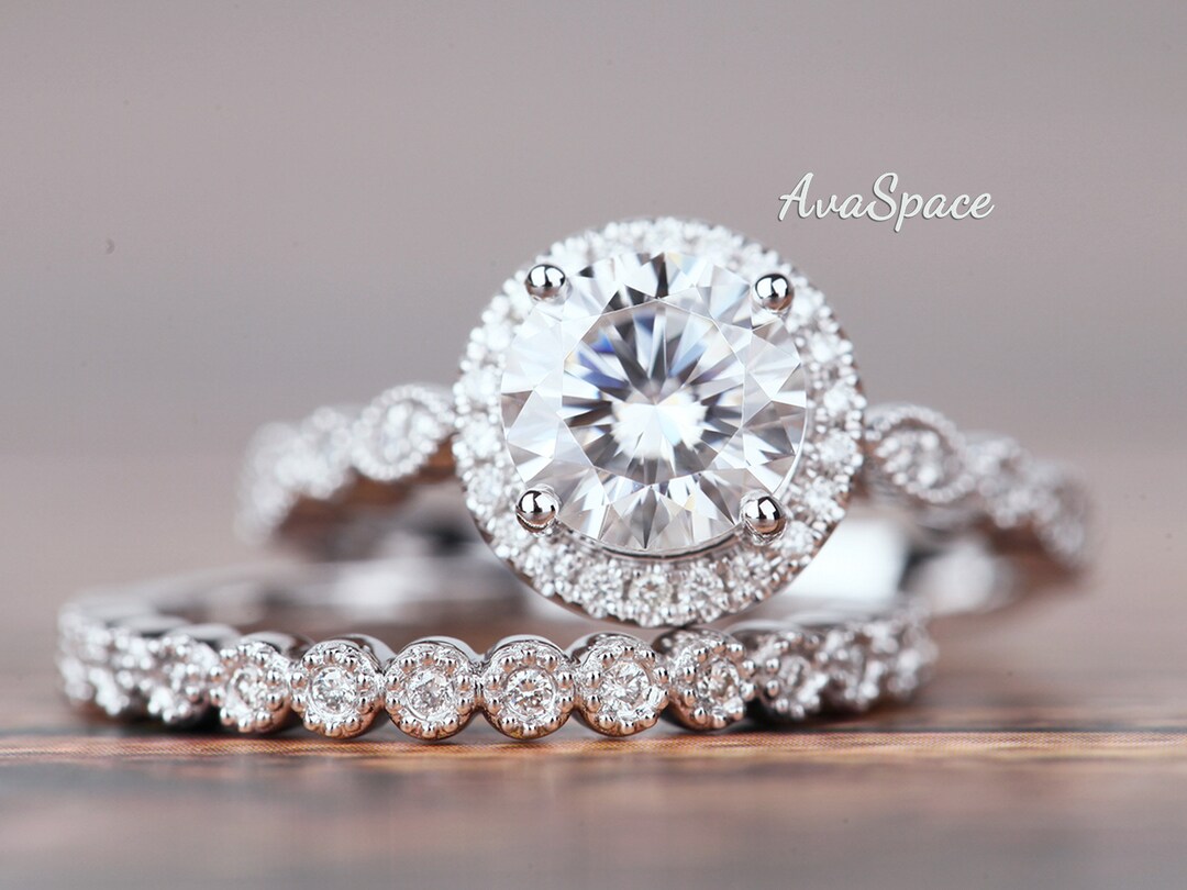 Moissanite Engagement Ring Set Vintage 14K White Gold 6.5mm Round Cut ...