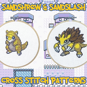 May include: Cross stitch patterns for the Pokemon Sandshrew and Sandslash. The patterns are displayed in embroidery hoops on a white background with a purple and white pixelated border.