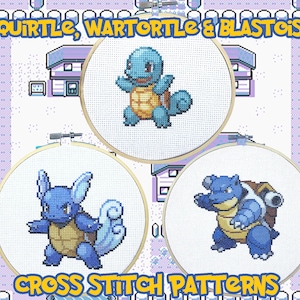 May include: Three cross stitch patterns featuring Squirtle, Wartortle, and Blastoise from the Pokemon franchise. Each pattern is displayed in a circular embroidery hoop.