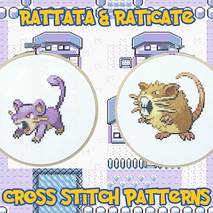 May include: Cross stitch patterns for the Pokemon Rattata and Raticate. The patterns are displayed in two embroidery hoops, with a purple Rattata in the left hoop and a brown Raticate in the right hoop.